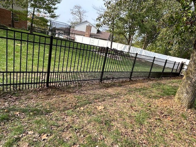 A black metal fence surrounds a grassy field.