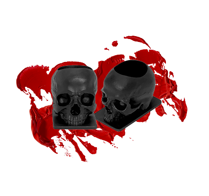 Two black skulls are sitting next to each other on a white background.