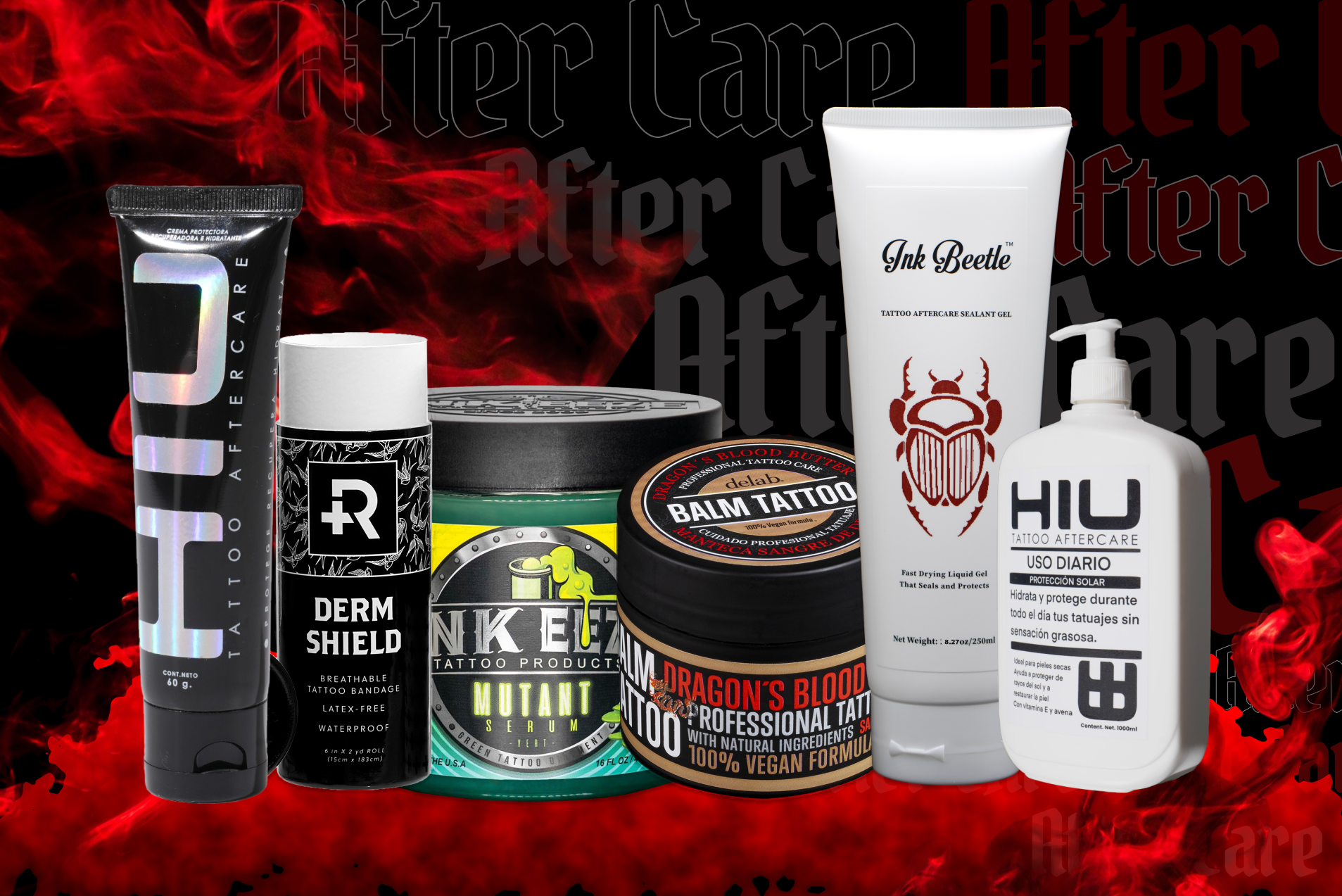 A group of after care products are displayed on a red background