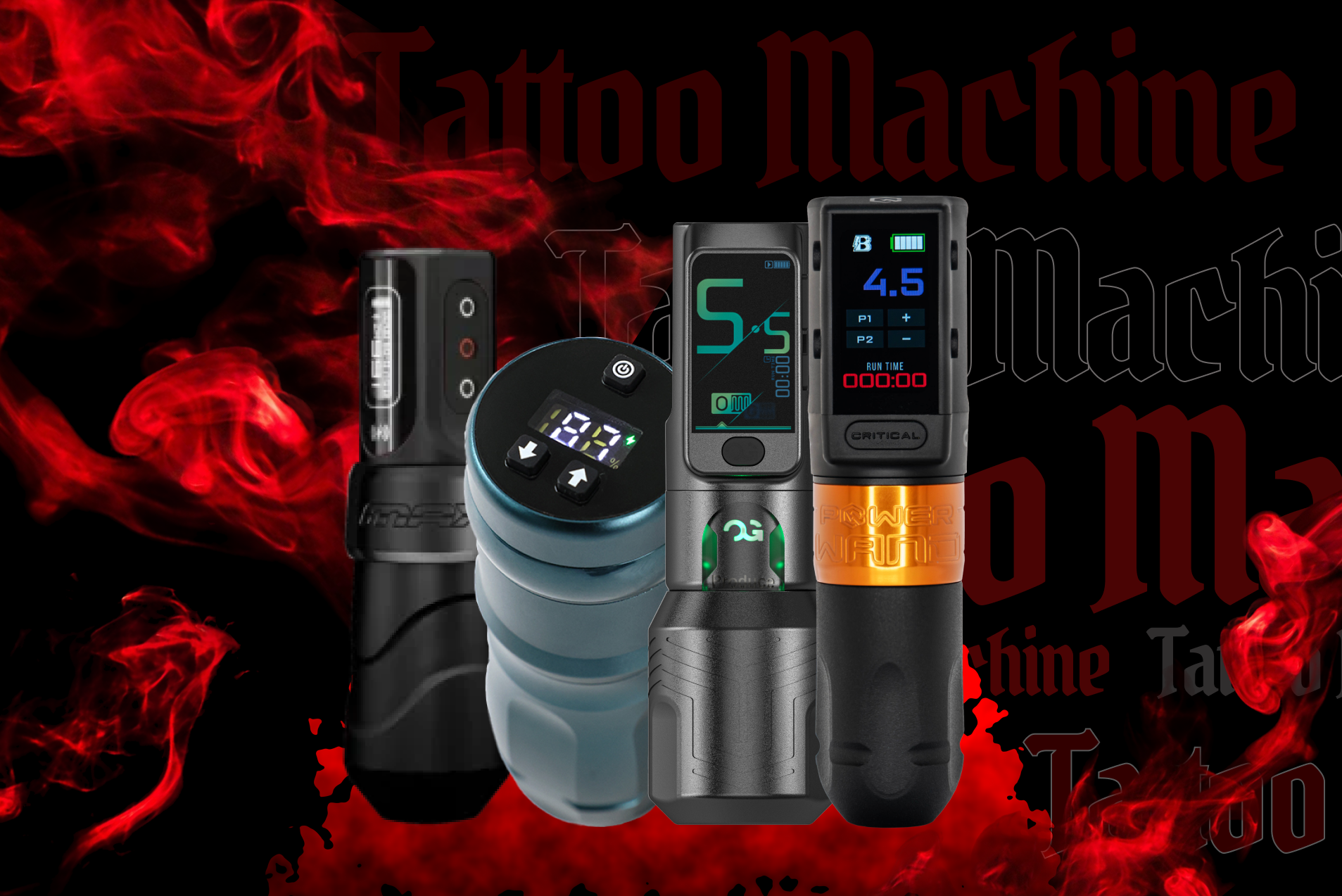 A group of tattoo machines are sitting next to each other on a red background.