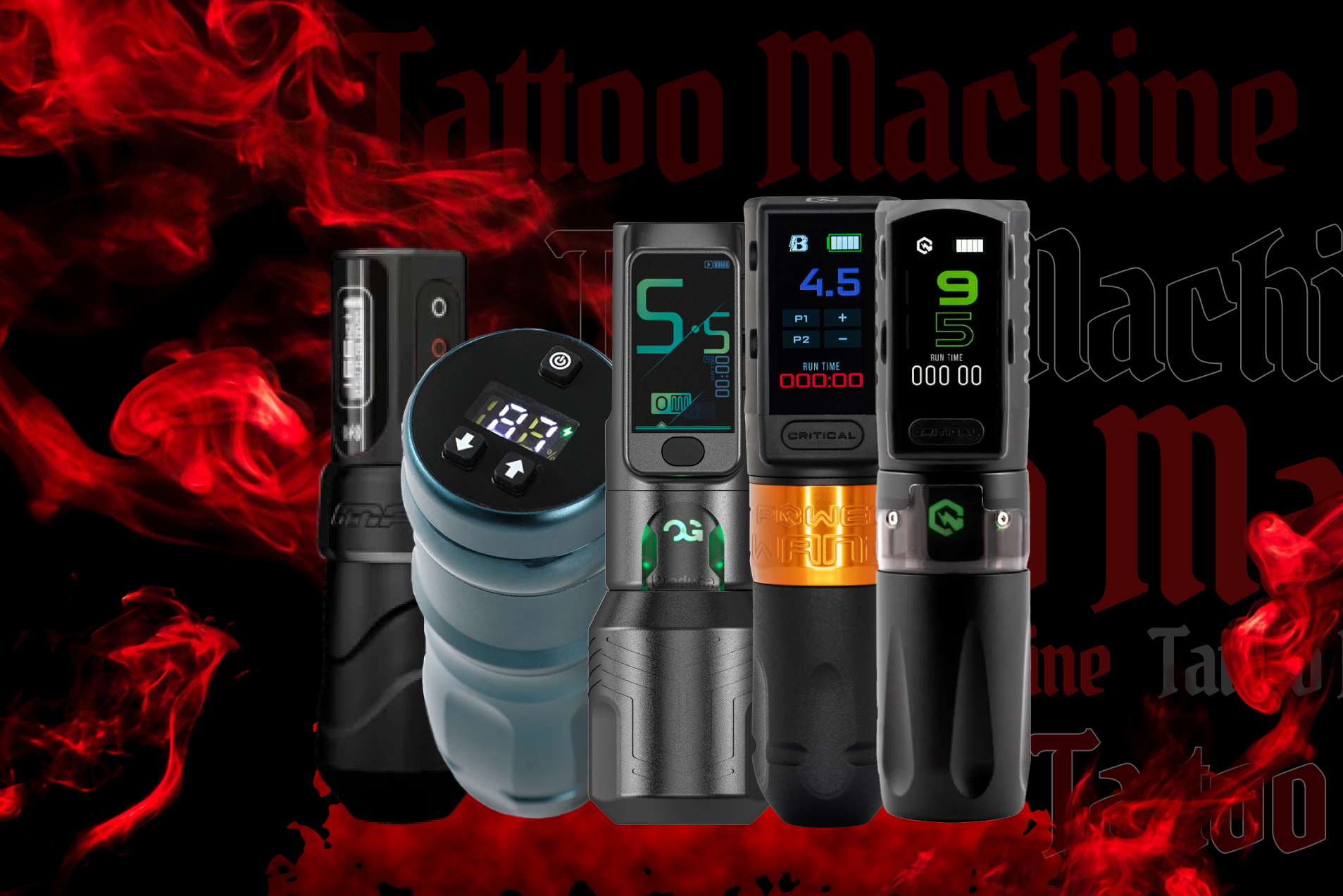 A group of tattoo machines are sitting next to each other on a red background.