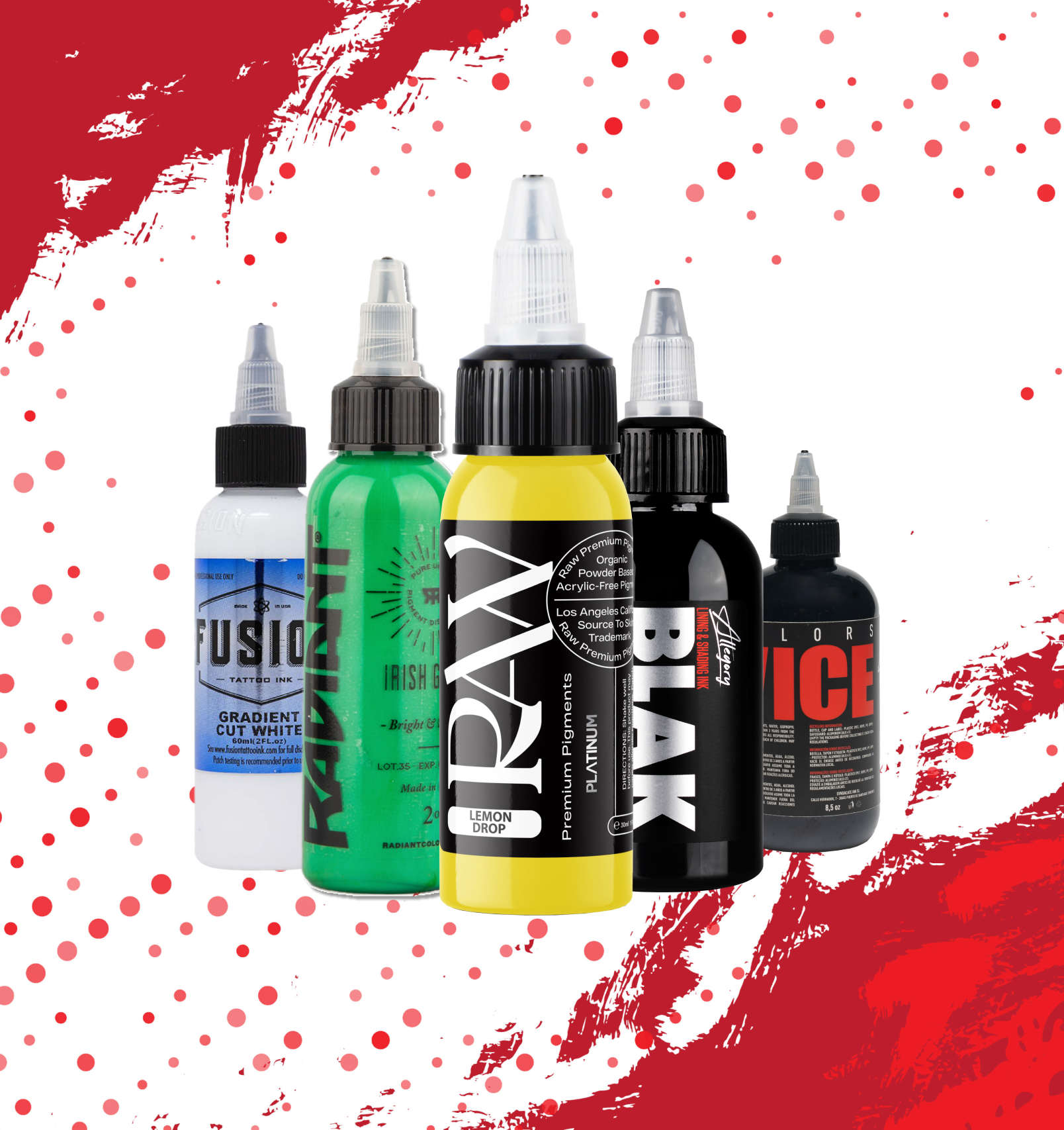 A group of bottles of tattoo ink on a red background.