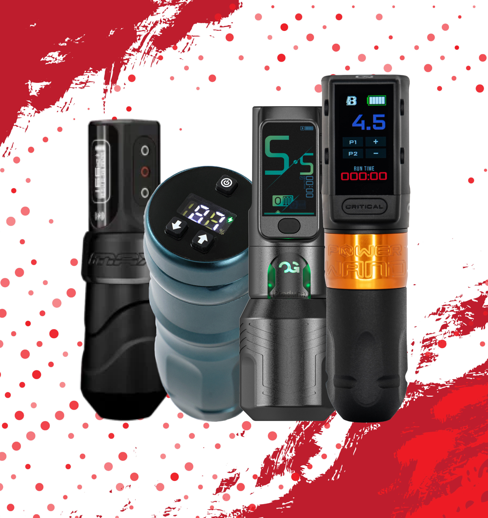 A group of tattoo machines are sitting next to each other on a red background.