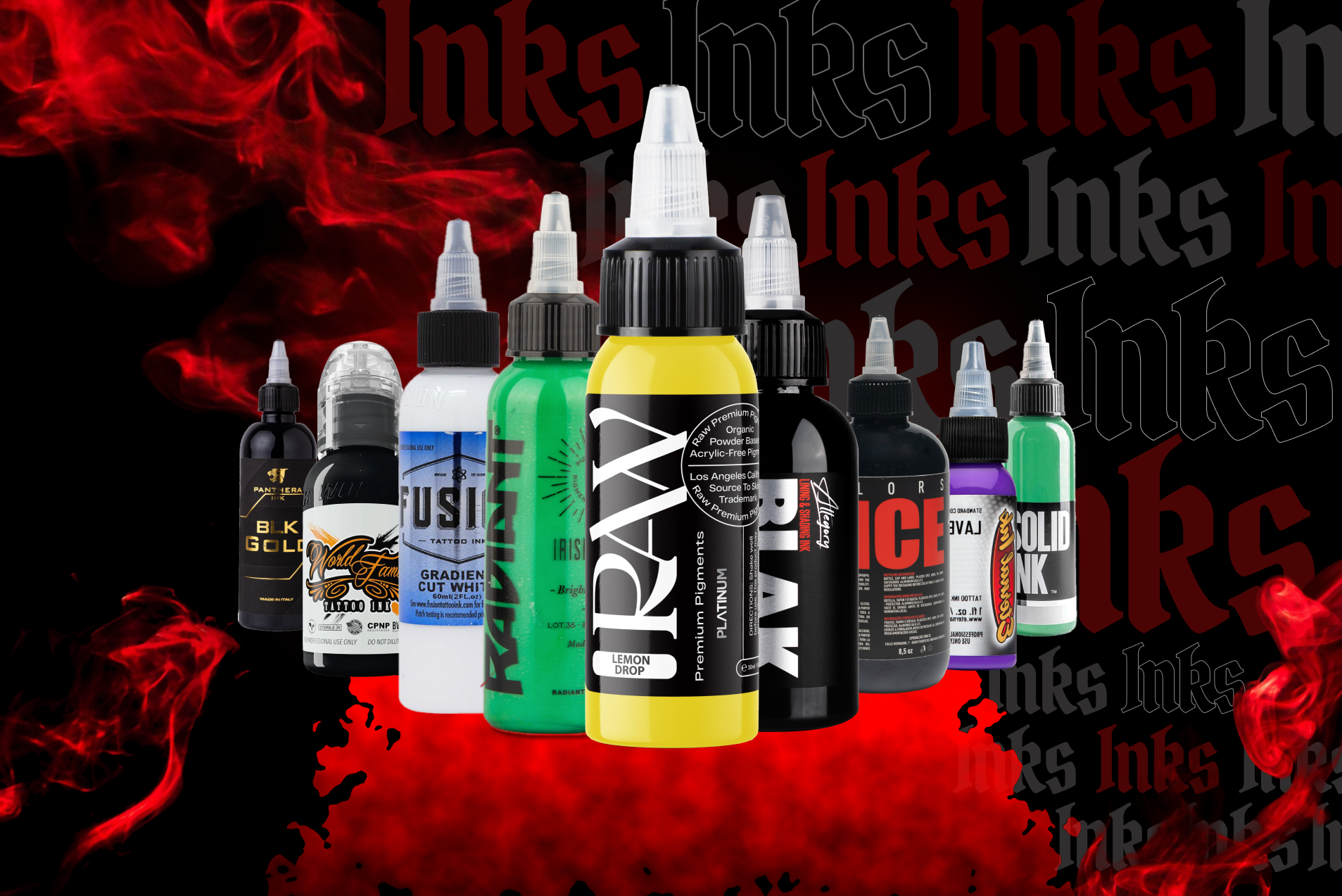 A group of bottles of ink are lined up on a red background.