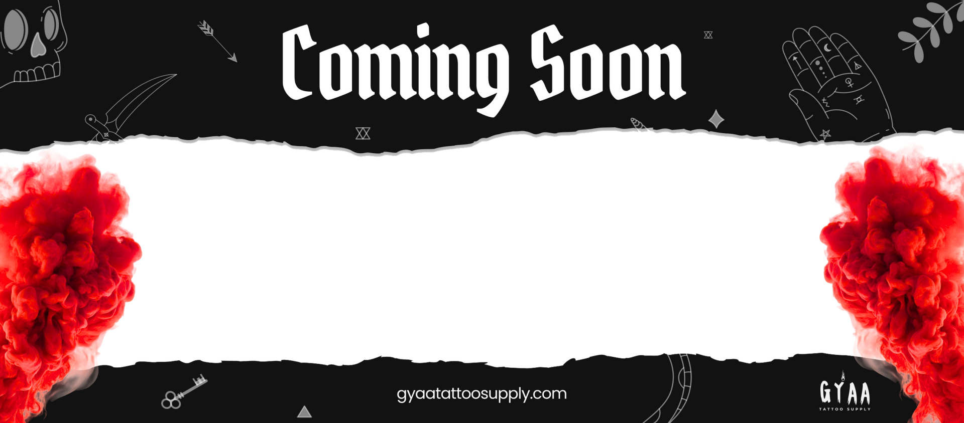 A banner that says `` coming soon '' with red smoke coming out of it.