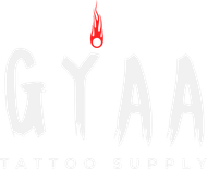 The logo for gyaa tattoo supply has a red flame on it.