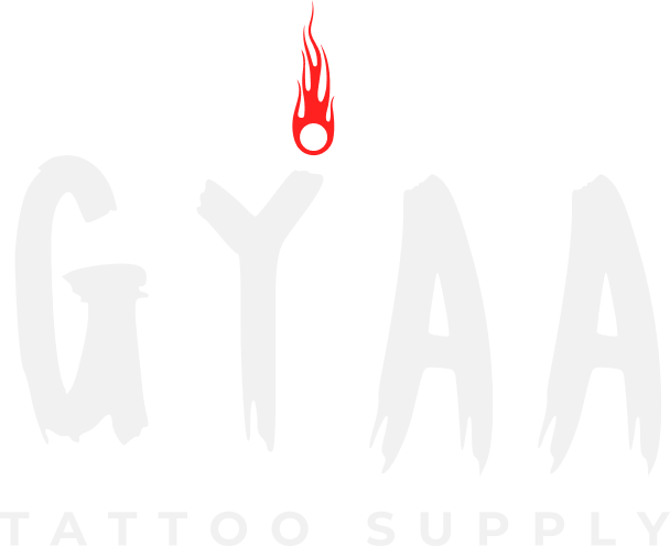 The logo for gyaa tattoo supply has a red flame on it.