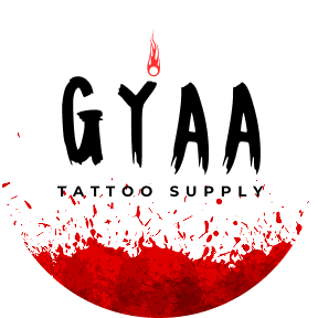 A logo for gyaa tattoo supply with a red background