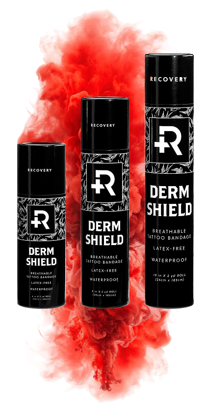Three bottles of derm shield are sitting next to each other with red smoke coming out of them.