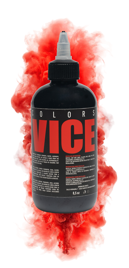 A bottle of vice tattoo ink with red smoke coming out of it.