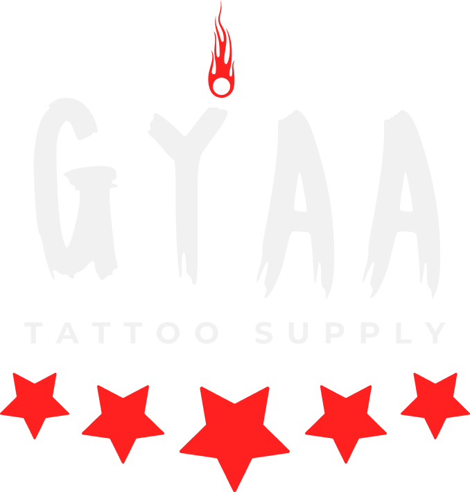A logo for gyaa tattoo supply with red stars