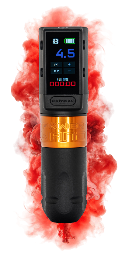 A black and gold tattoo pen is surrounded by red smoke.