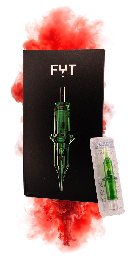 A green tattoo needle is sitting on top of a black box.