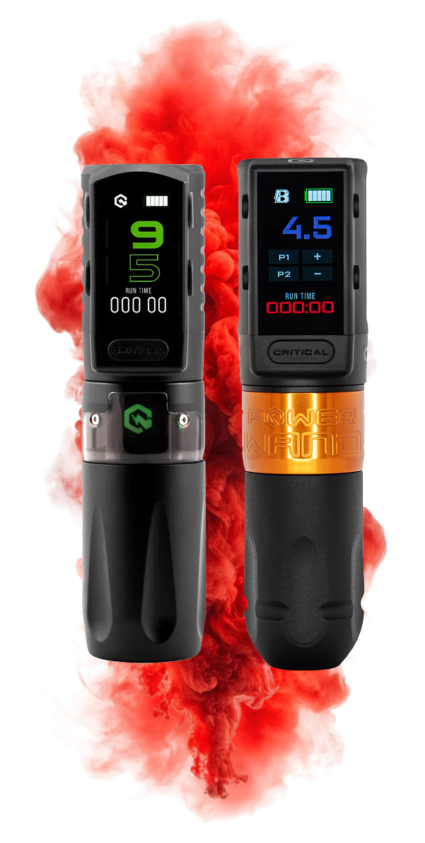 A black and gold tattoo pen is surrounded by red smoke.