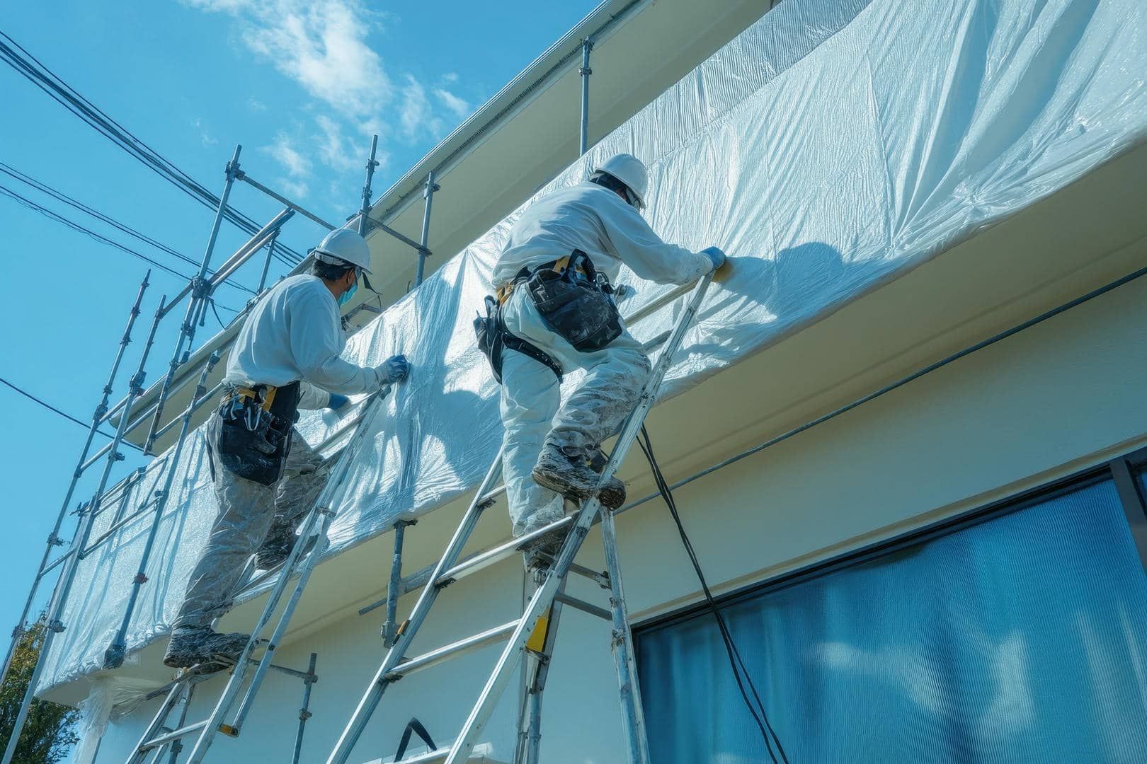 Two workers in safety gear installing white sheeting on a building's exterior, using scaffolding. Blue sky.