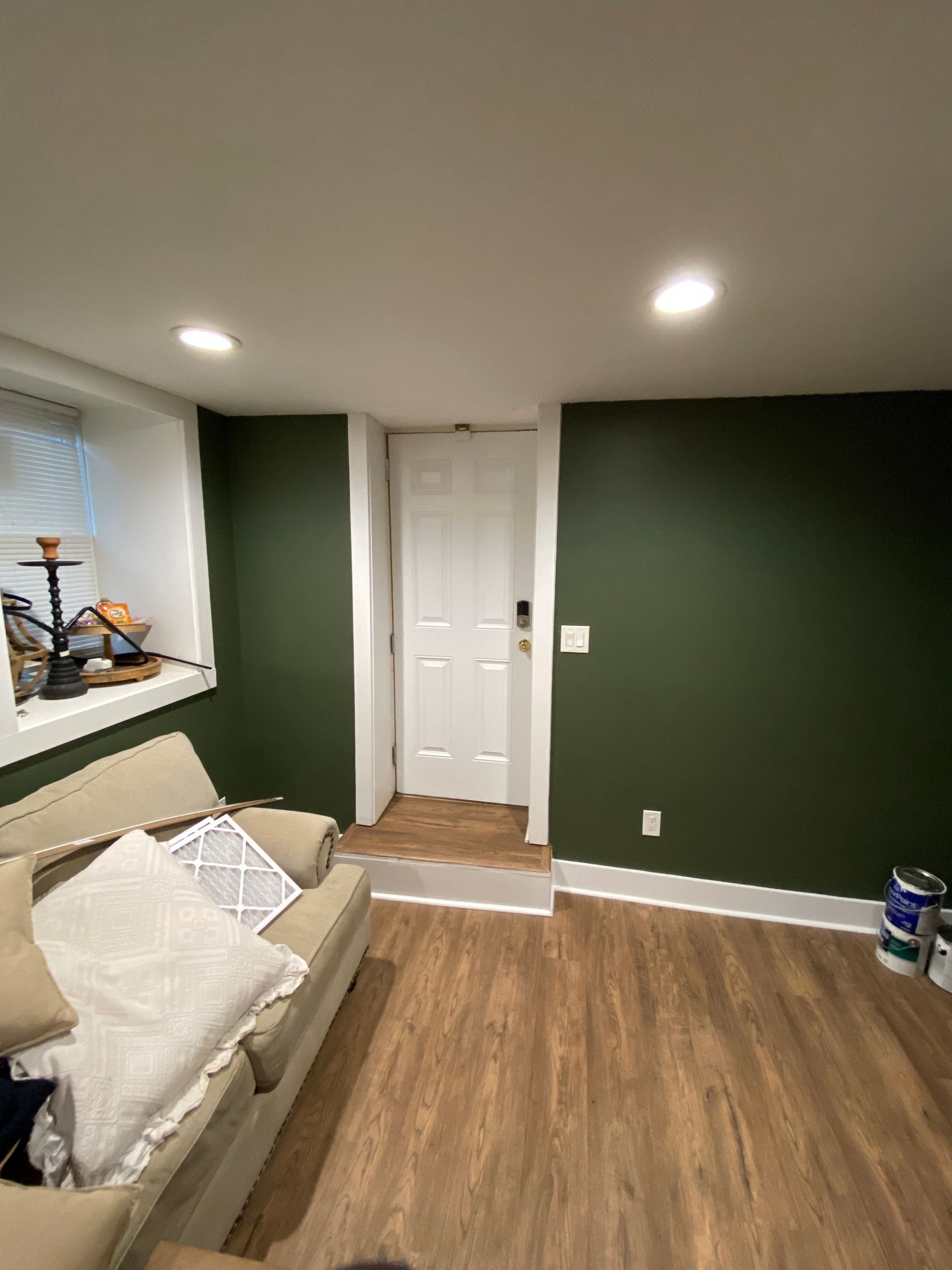 Cozy basement living area with green walls, a light-colored couch, and wood-look flooring. White door and window with recessed lighting.