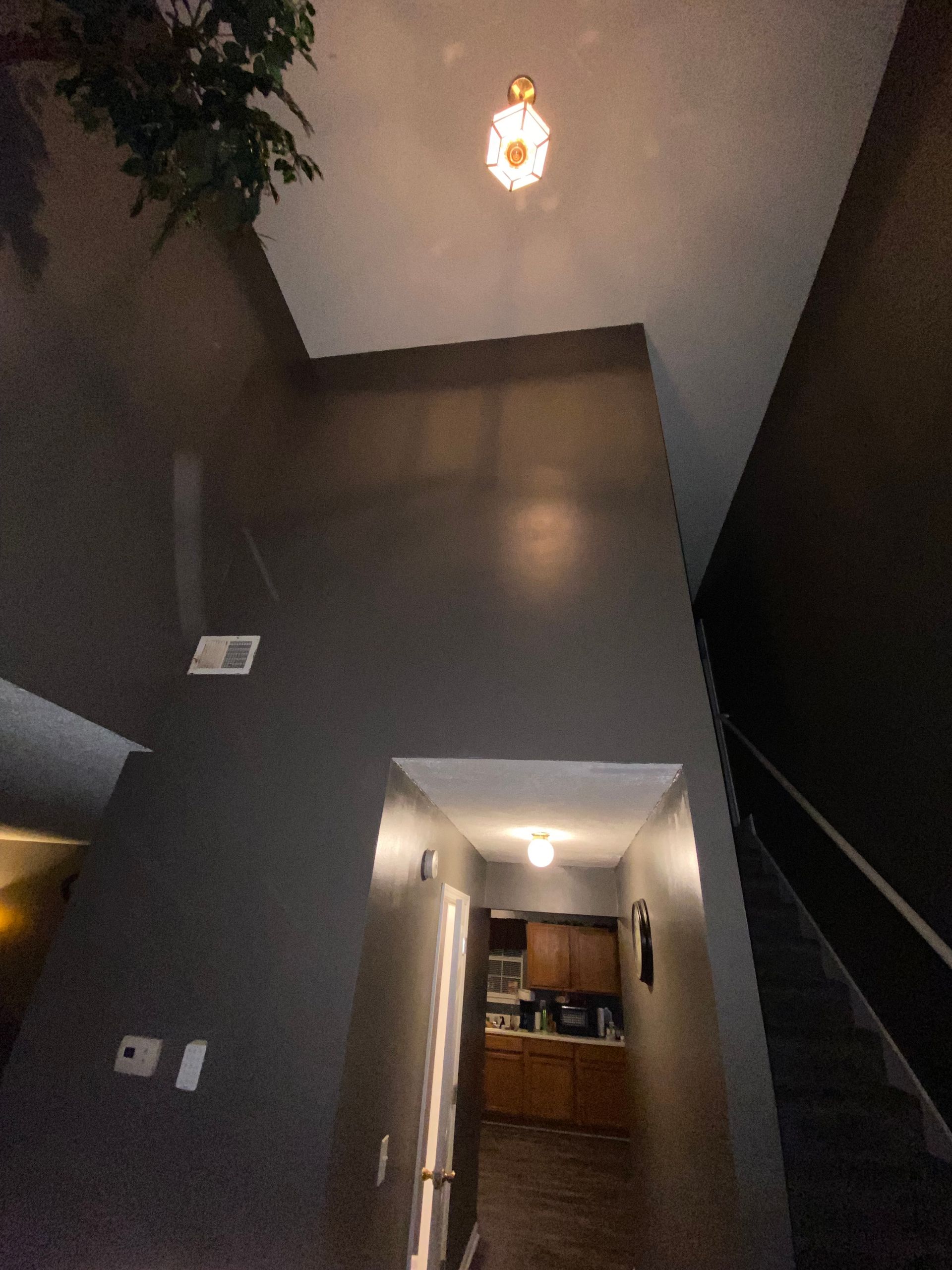 High-ceilinged hallway with dark gray walls, a hanging light, and stairs. A doorway leads to a kitchen.