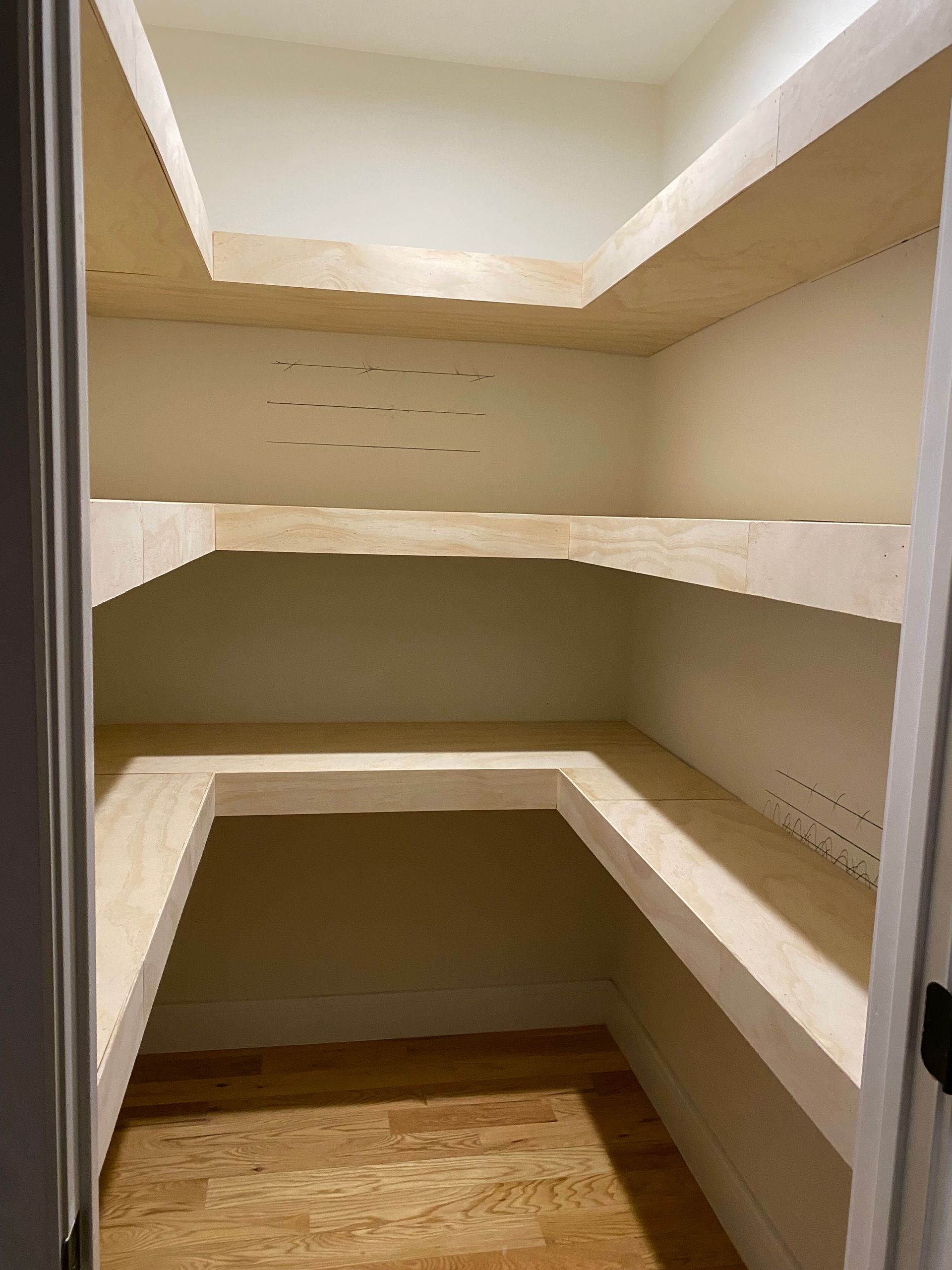 Empty pantry with built-in light-colored wooden shelves. The floor is wood. White walls.