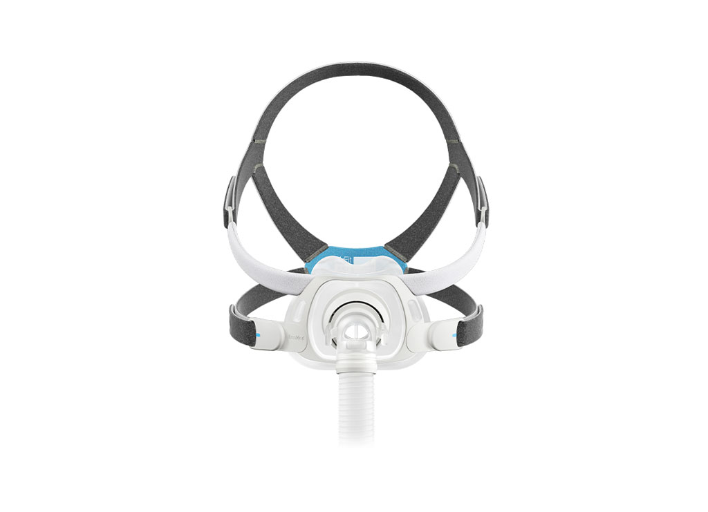 A white and blue cpap mask with a head strap on a white background