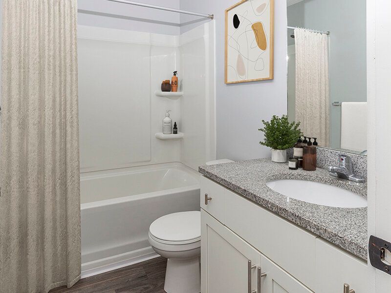 Bathroom in a modern apartment featuring a bathtub/shower, toilet, and granite countertop vanity.