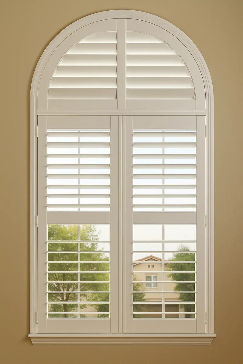 Custom white plantation shutters installed on an arched window in a Menifee, CA home
