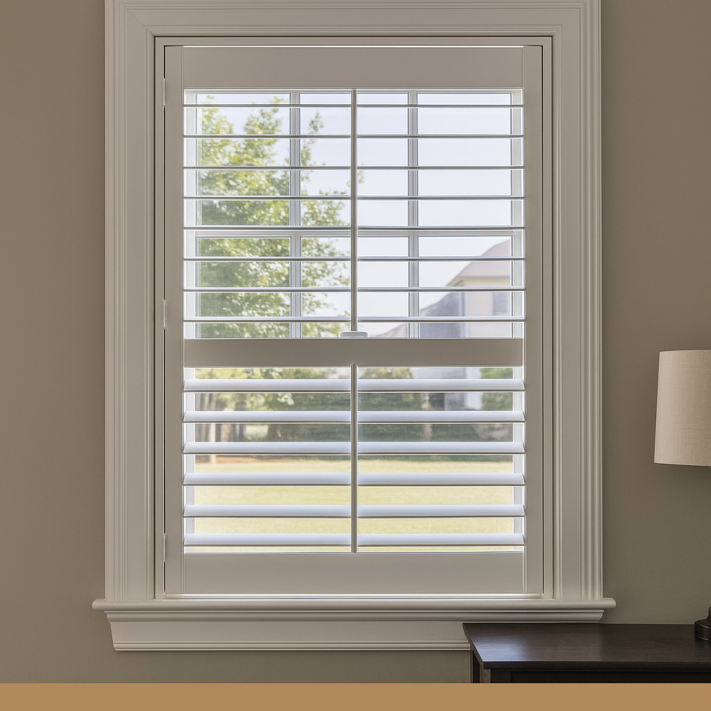 Window with white cafe shutters and trim; view of trees and house visible.