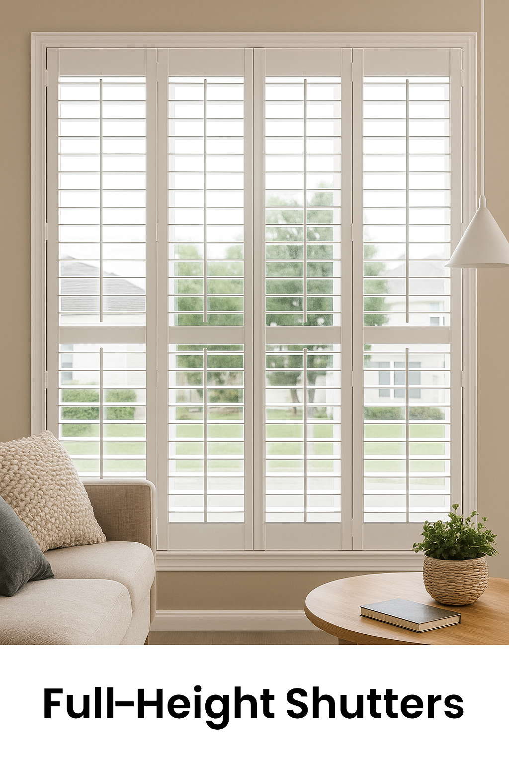 Full-height white shutters on a large window. A sofa and table are in front.