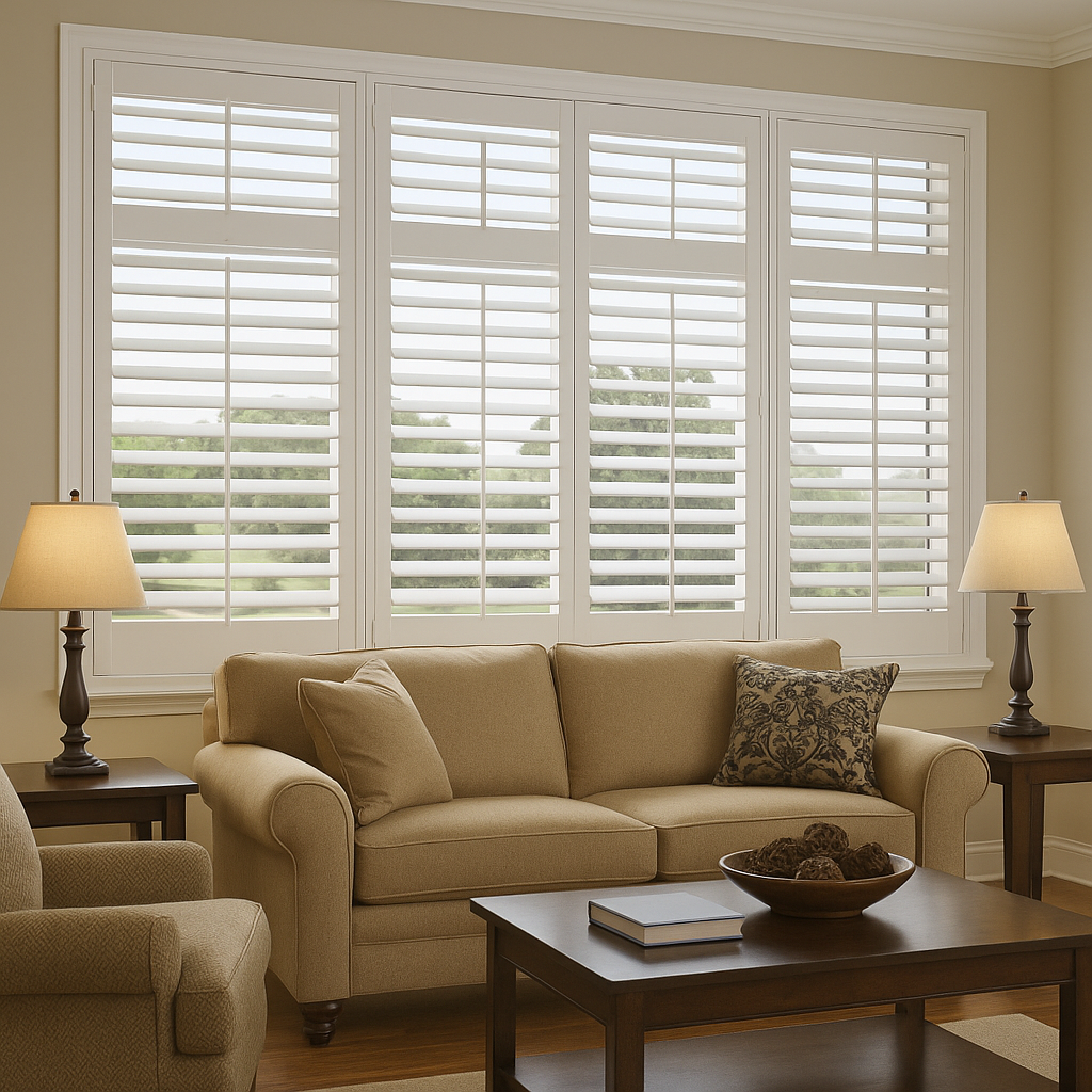 Living room with white plantation shutters, beige sofa, lamps, and a coffee table.
