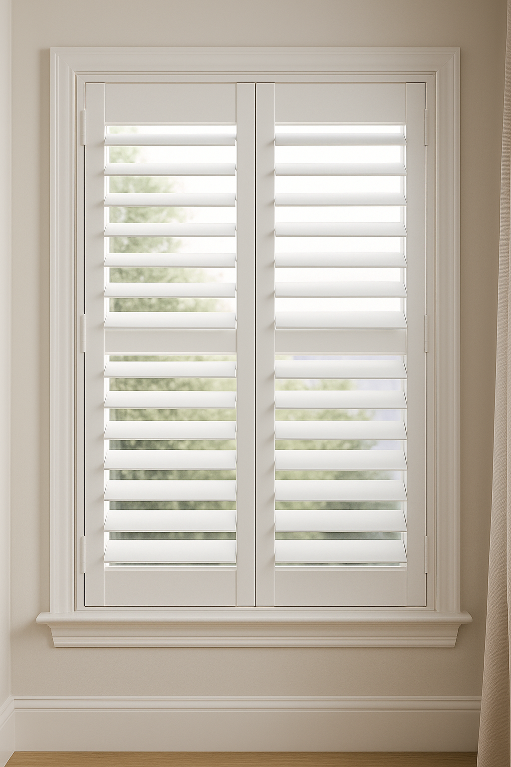 White polyresin window shutters, closed, in a white frame, indoors.
