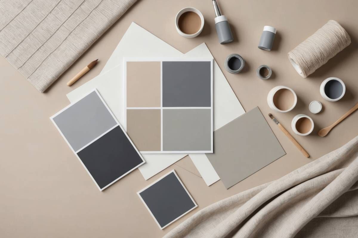 Stylish flat lay composition in beige and gray color palette with textile and paint samples, panels and tiles near Warrenton, VA