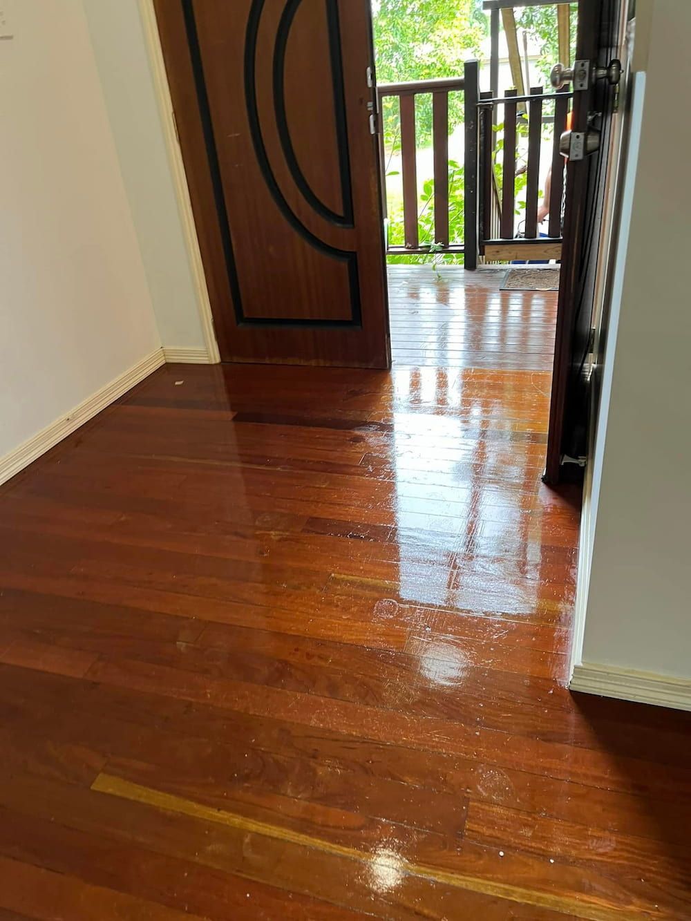 Wooden Floor Reflecting Light, Doorway to a Porch With Foliage — DAH Cleaning Services In Bungalow, QLD