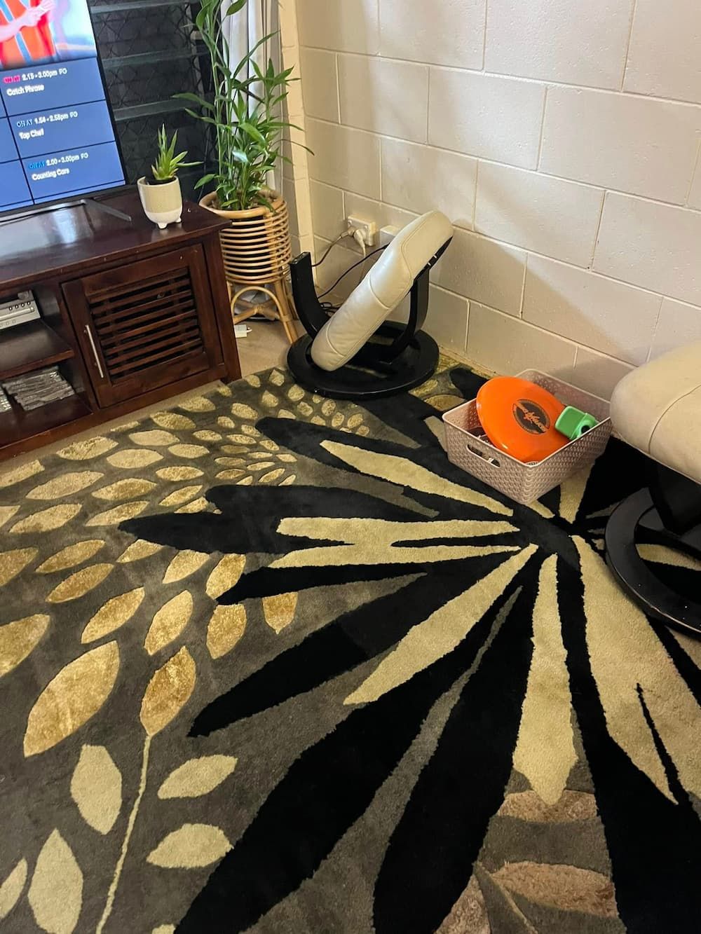 Room With Patterned Rug, Tv Cabinet, Fan — DAH Cleaning Services In Bungalow, QLD