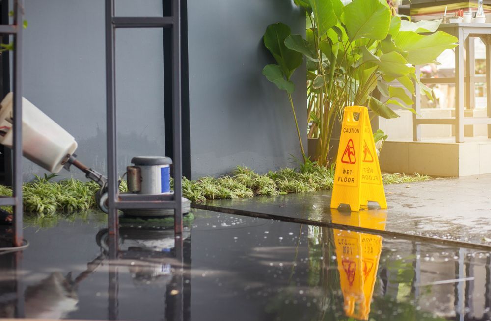 Wet Floor With Cleaning Machine, Caution Sign, and Plants — DAH Cleaning Services In Bungalow, QLD