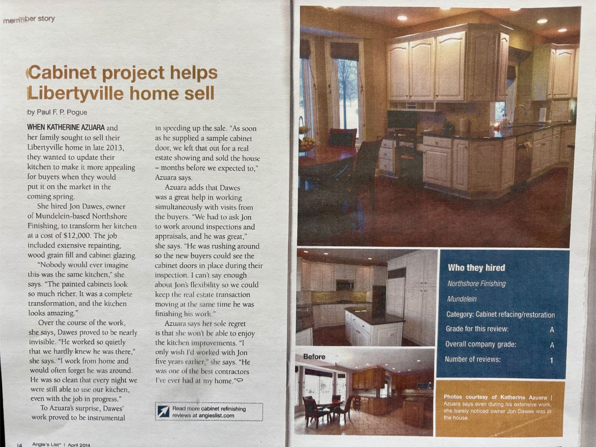 Newspaper spread showing before & after kitchen cabinet project. Photos & text details the project's impact on a home sale.