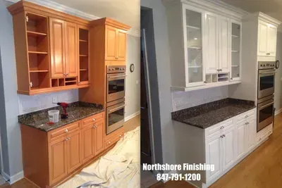Kitchen cabinets before and after painting: brown cabinets transformed to white with a dark countertop.