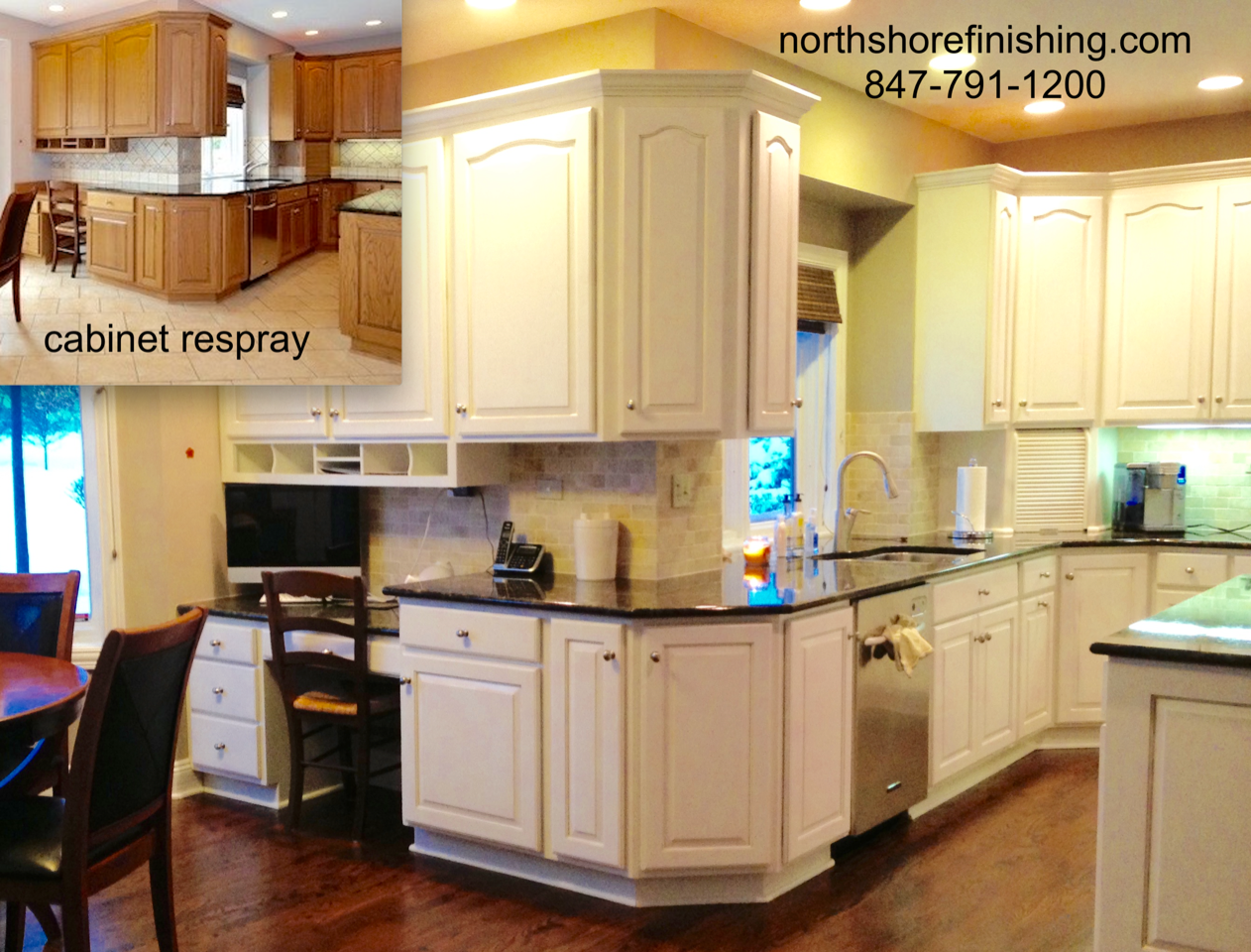 Kitchen with white cabinets, dark countertops, stainless steel appliances, and wood flooring. Inset shows before picture.