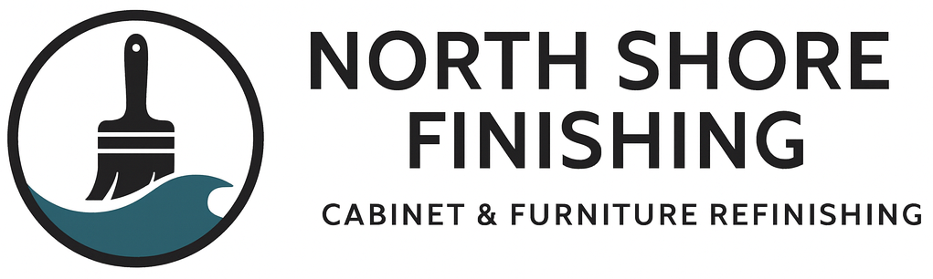 Logo for North Shore Finishing: a paintbrush over ocean waves in a circle, with company name and service below.