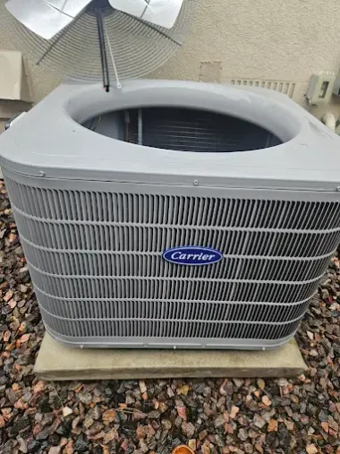 Outdoor Carrier air conditioning unit on a concrete pad beside landscaping rocks.