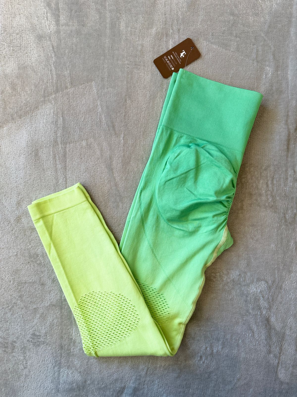 Leggings de entrenamiento con cintura alta y degradado verde, en ángulo sobre superficie gris.