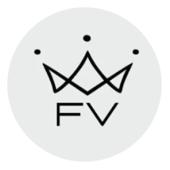 Un logotipo en blanco y negro con una corona y la letra fv en un círculo.