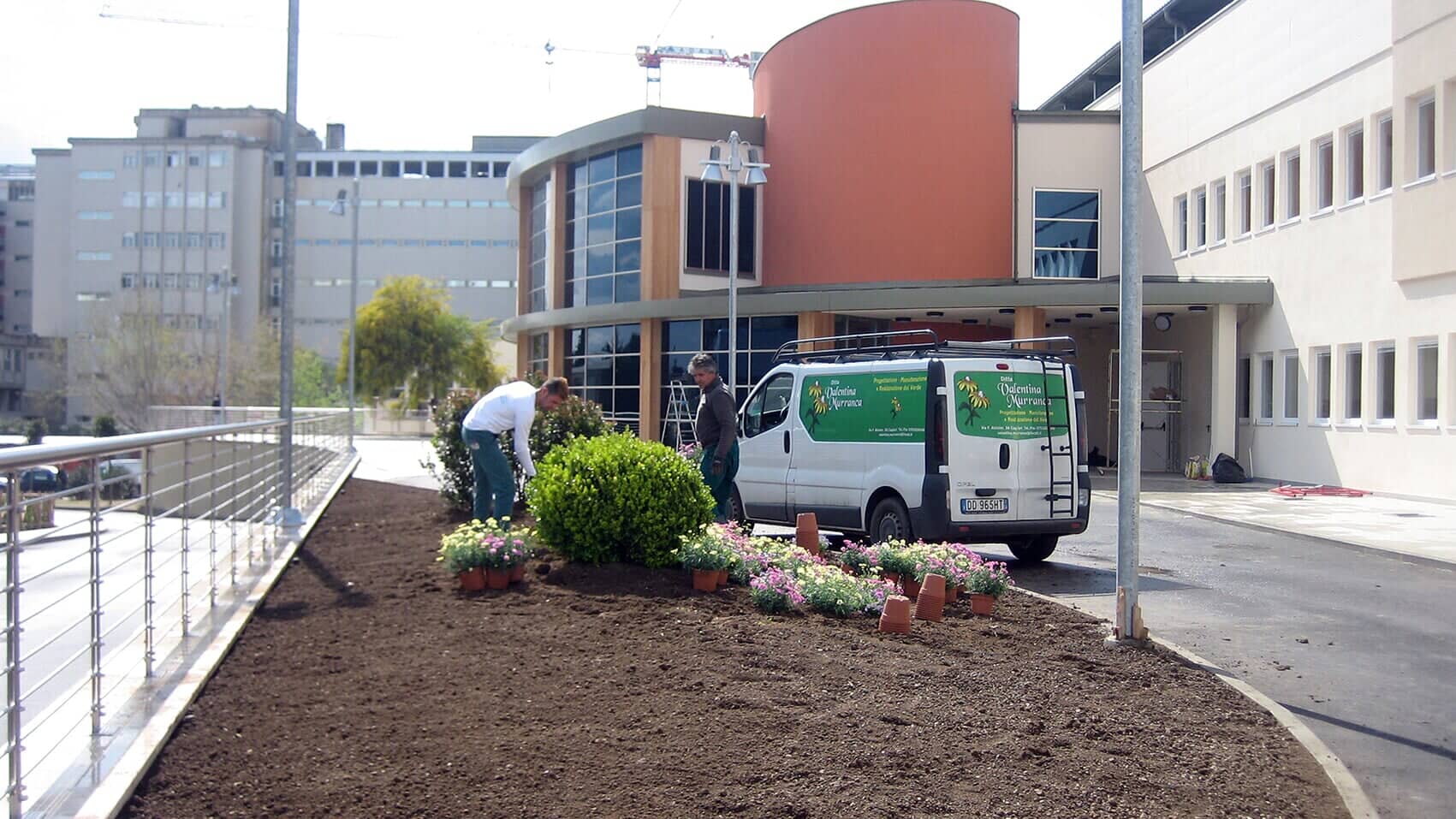area verde con alberi e fiori di vari colori