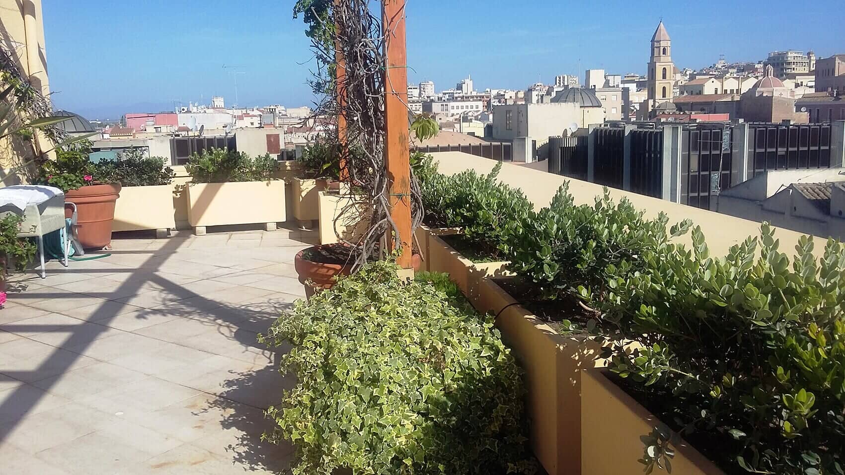 terrazzo con piante in aiuole e rampicanti