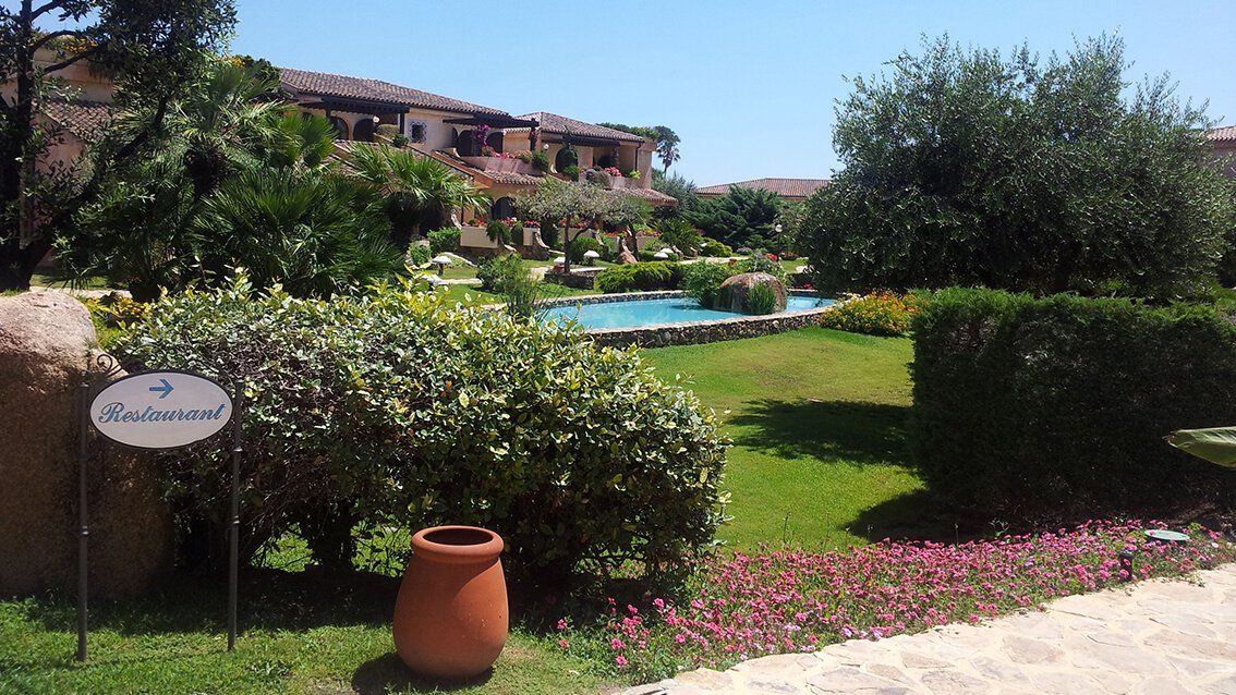 area verde di un resort con prato inglese, piscina e palme