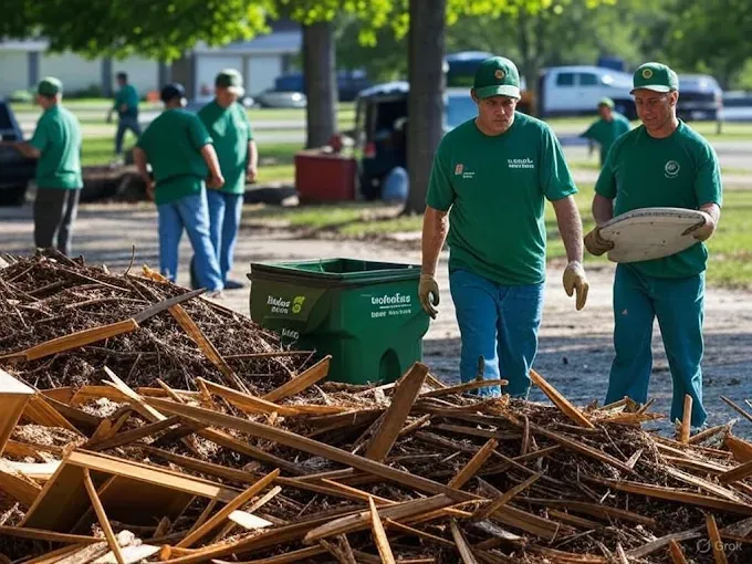 Men in green shirts and hats cleaning debris in a park. One carries a platter, another a bin.
