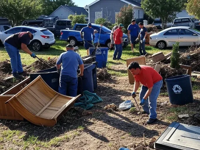 Volunteers clearing debris outdoors, placing items in trash bins. Several people, a sunny day.