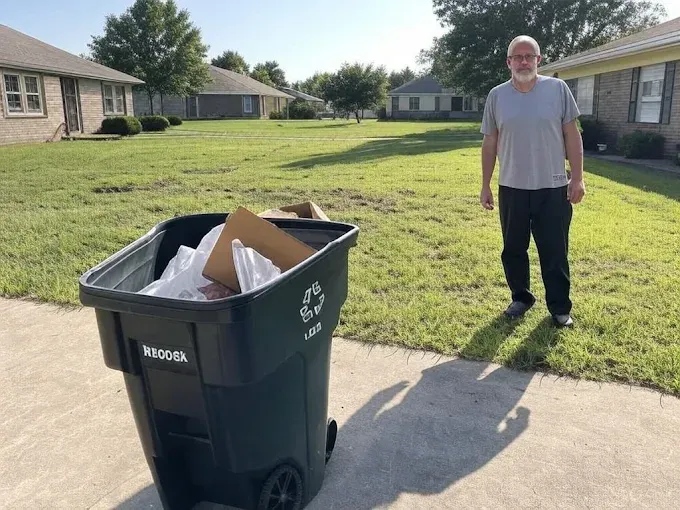 Man standing next to a recycling bin, in front of houses on a sunny day.