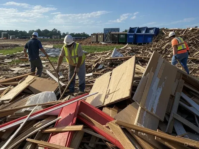 Construction workers sorting debris at a construction site.