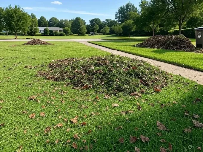 Piles of leaves and yard waste on a grassy area near a sidewalk and trees.