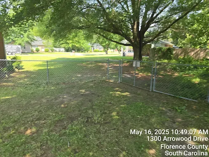Chain-link fence encloses a grassy yard with a tree in Florence County, South Carolina.