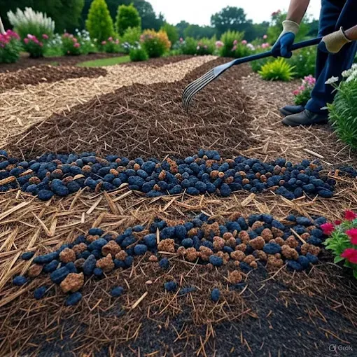 Gardener raking soil in a flower bed. Rows of dark stones and mulch are visible.